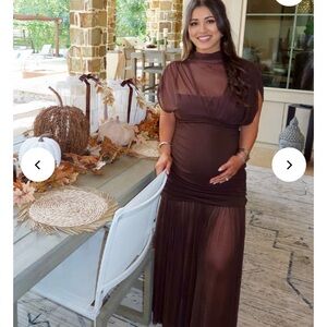 Elegant Sheer Maxi Maternity Dress in Chocolate Brown